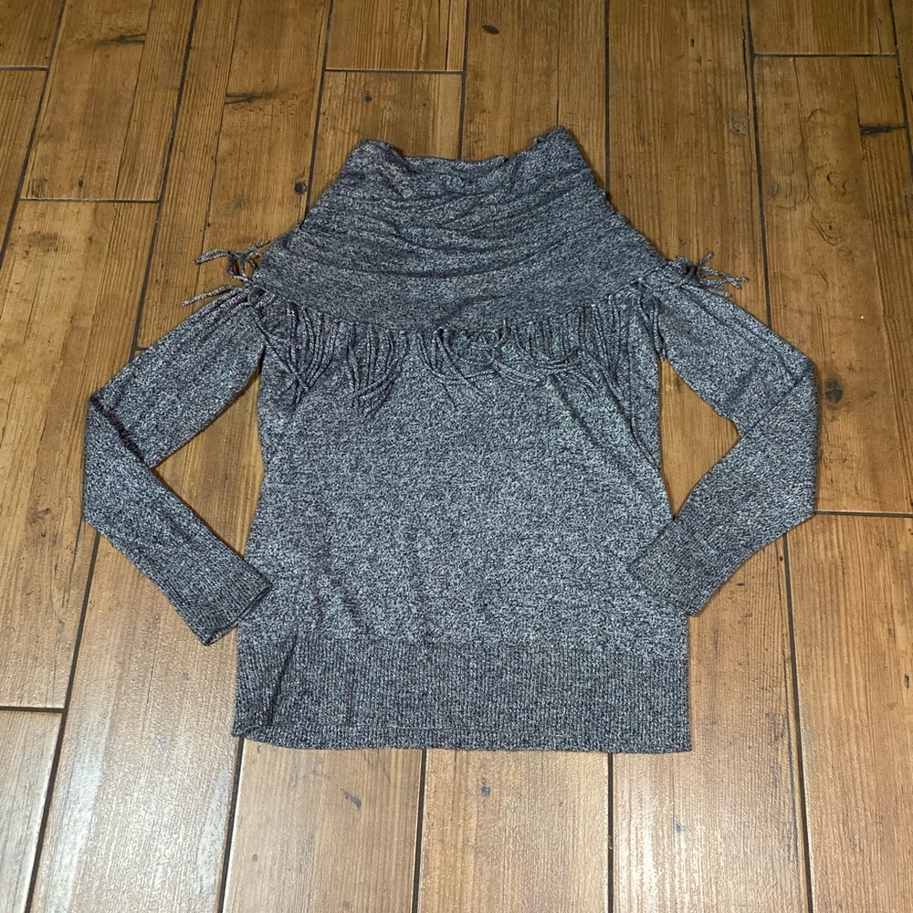 Grey Plush Pullover Cowl Neck Sweater with fringe details Women Size XL
